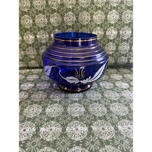 Cobalt Blue Bohemian Glass Bowl With Feather And Gold Details